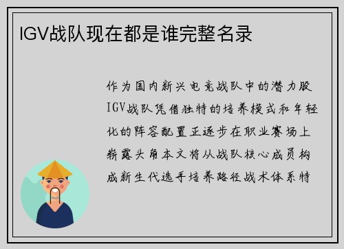 IGV战队现在都是谁完整名录
