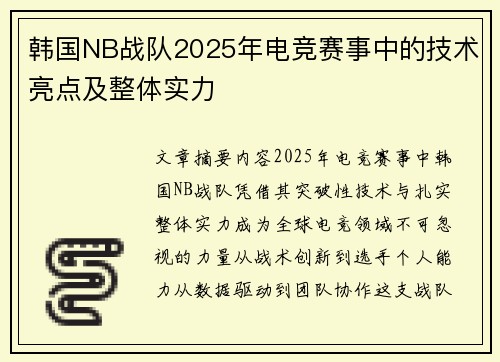 韩国NB战队2025年电竞赛事中的技术亮点及整体实力